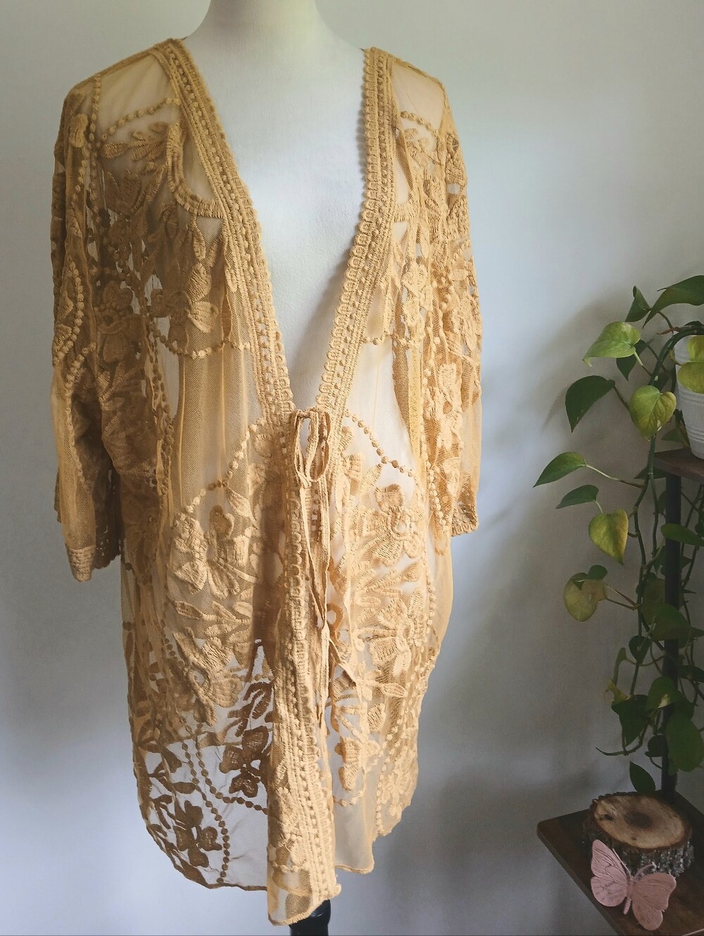 Umgee-Mustard Yellow Kimono-Floral Lace-Size Small